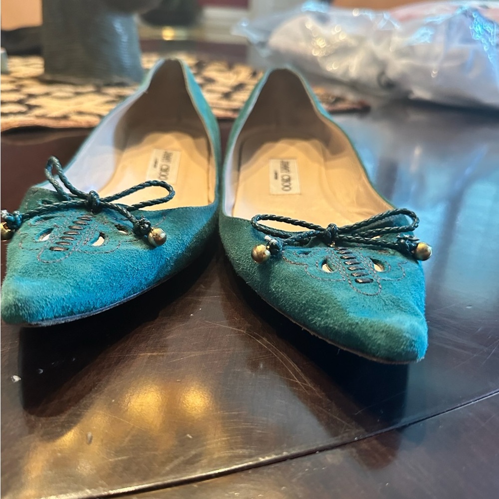 Turquoise size 37.5 (7)Jimmy Choo flats.See picture,1 shoe with tear on the heel